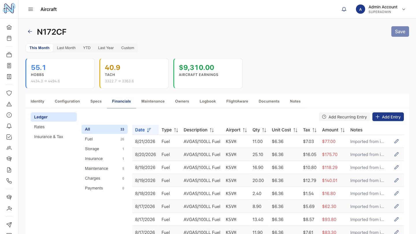 Aircraft financials tab showing Hobbs and tach hours, period earnings, and a categorized expense ledger