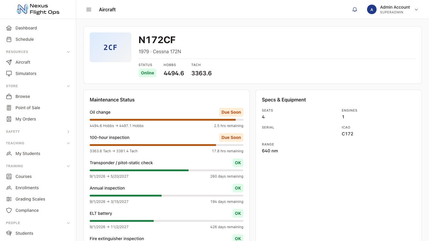 Aircraft page for N172CF with a maintenance status card: an oil change and a 100-hour inspection due soon by Hobbs and tach, and the annual, transponder check, and ELT battery in the green by calendar