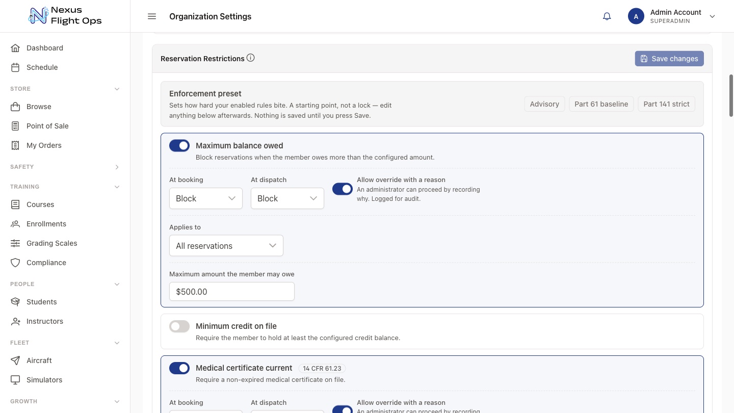 Reservation restriction settings showing rules with separate at-booking and at-dispatch enforcement and an override toggle