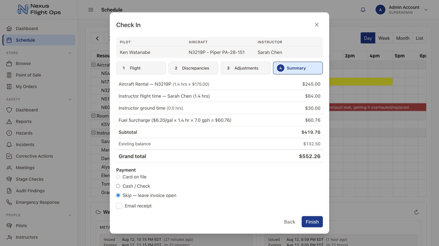 Check-in summary listing aircraft rental, instructor time, fuel surcharge, and a grand total with payment options