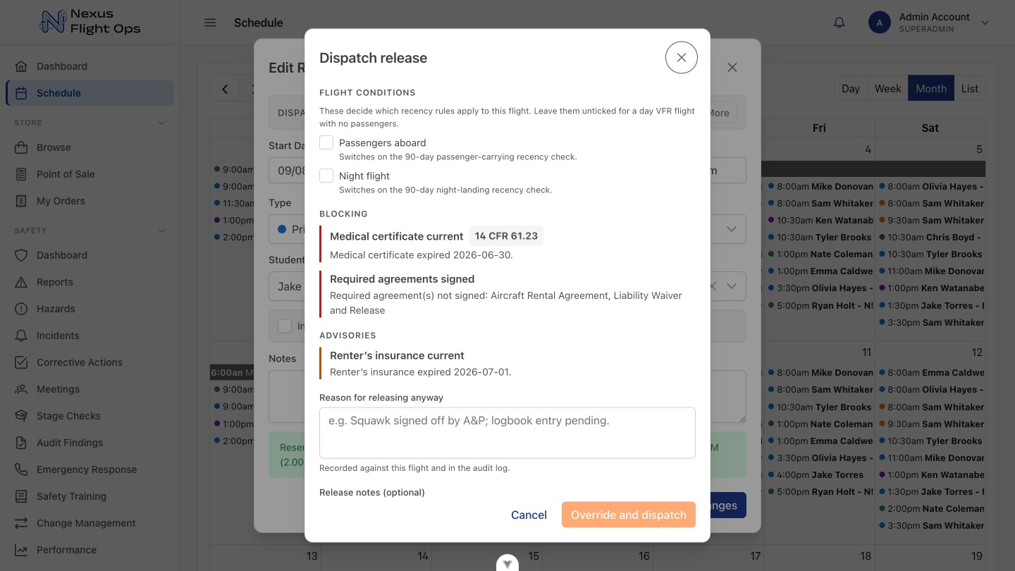 Dispatch check blocking a flight because the pilot’s medical has expired, with an override that requires a reason