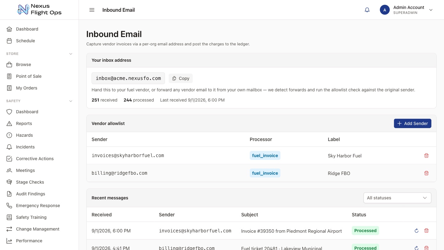 Inbound Email page: the school’s private inbox address, a vendor allowlist with two fuel suppliers, and recent invoice emails marked Processed