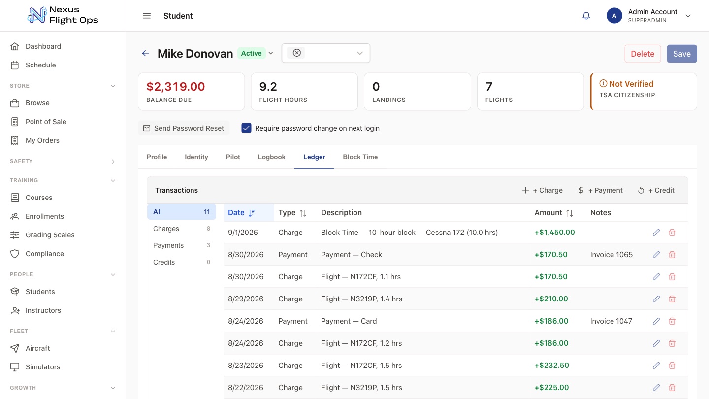 A member record showing balance due, flight hours, and a ledger of flight charges and payments