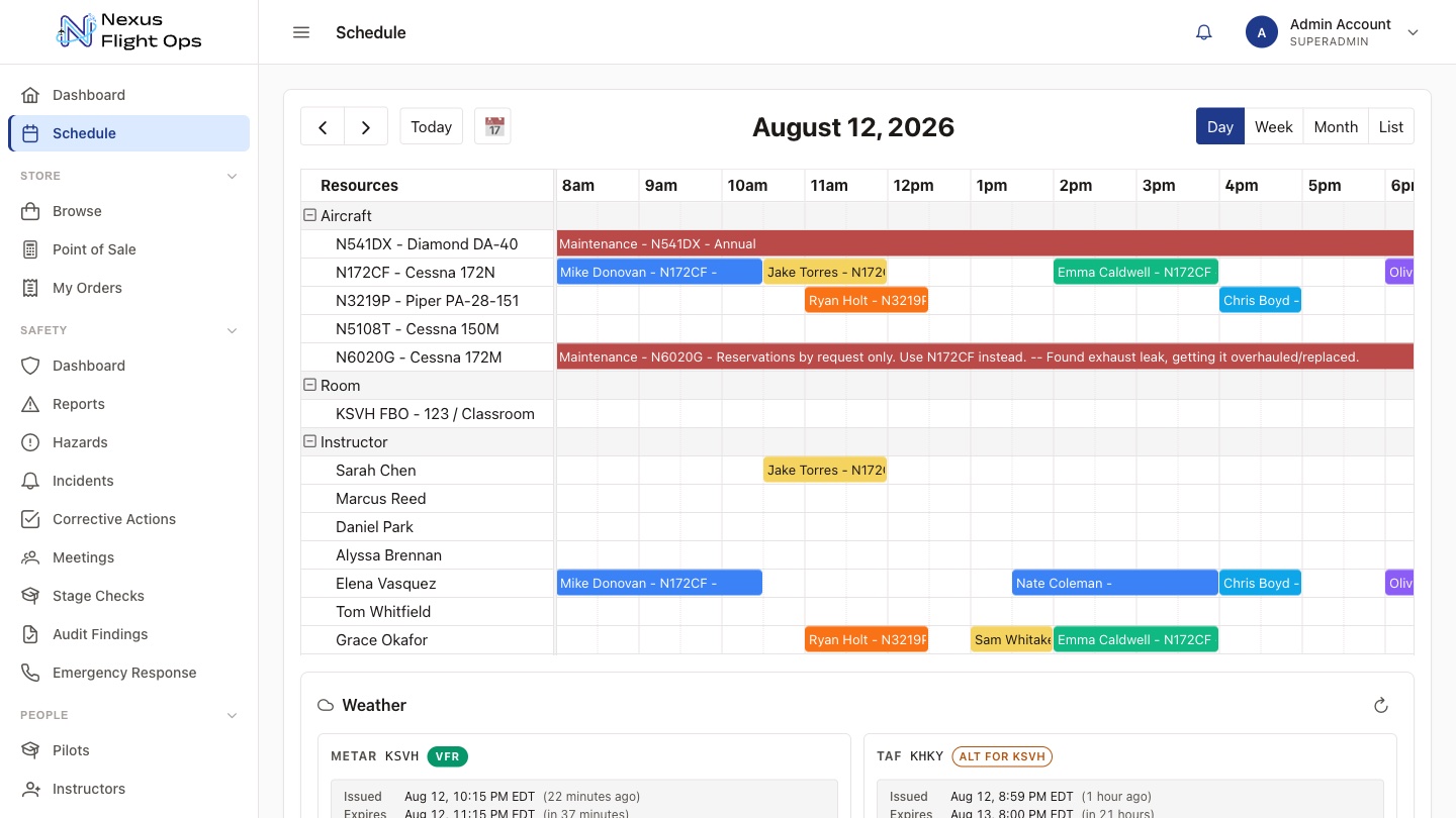 Nexus Flight Ops schedule with aircraft, rooms, and instructors on one timeline