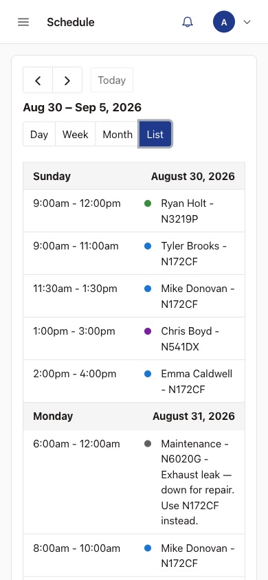 The shared schedule on a phone, showing the week for one airplane