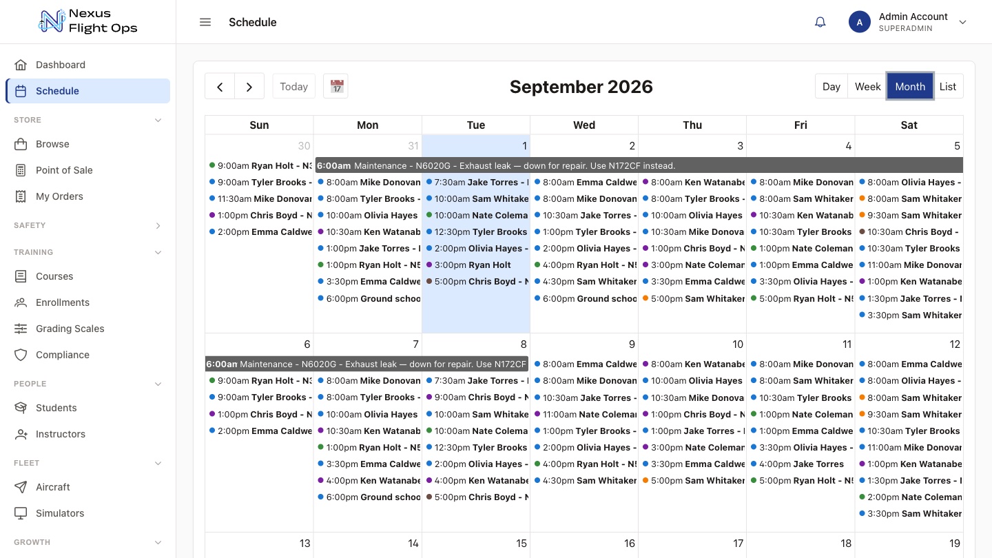 A month view of the club schedule with reservations colored by type