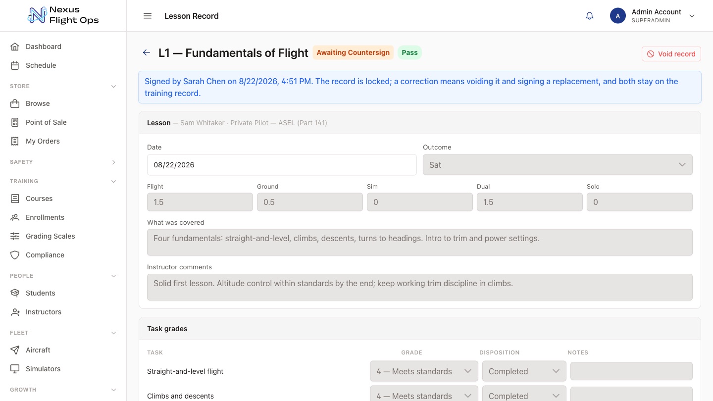 A graded lesson record showing tasks, grades, instructor comments, and both signatures
